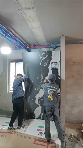 Large wall tile installation by two workers #shorts #ceramic #wall
