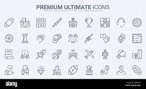 Game technology for computer and mobile phone thin line icons set vector illustration. Outline collection with virtual reality, arcade and sport, education and strategy desktop video game to play Stock Vector Image & Art - Alamy