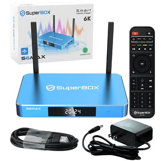 Super Box S6 Max 2025 Fully Loaded, 4GB RAM 64GB ROM, Superbox S6 Max Smart TV Box with Voice Remote, 2T2R Dual Band Wifi, Easy Setup Guide & Phone Support by Authorised Besttop Seller