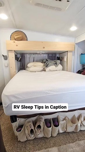 We actually love our RV bed. It's like a cozy little cocoon. RV sleep tips⬇️ 💤 No electronics in the bedroom 💤 Make it dark. With blackout shades and I'm planning to do black wallpaper inside the slide soon to make it even darker 💤 White noise machine. Help cover up RV park or road noise with a noise machine. 💤 Keep it cool. We use a small fan at night. 💤 Comfortable bedding. We have bamboo sheets from @brooklynbedding 💤 Good quality mattress. We got a new mattress @rvmattress and it makes