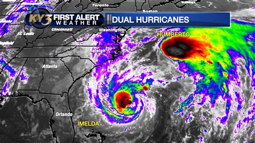 4.8K views · 40 reactions | Dual hurricanes are hammering the Atlantic Ocean. Humberto is a Cat 1 moving north at 17 mph. It will lose hurricane status on Wednesday. Hurricane Imelda has top winds of 85 mph but is getting better organized. It could reach 100 mph gusts as it approaches Bermuda Wednesday Evening. | KY3 Weather | Facebook