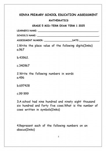 Grade 5 Mathematics Mid-Term 1 Exam 2025