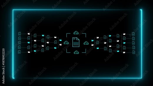 Online documentation database and document management system concept.Document Management System (DMS). Automation software to archiving and Motion graphics of cloud document concept.