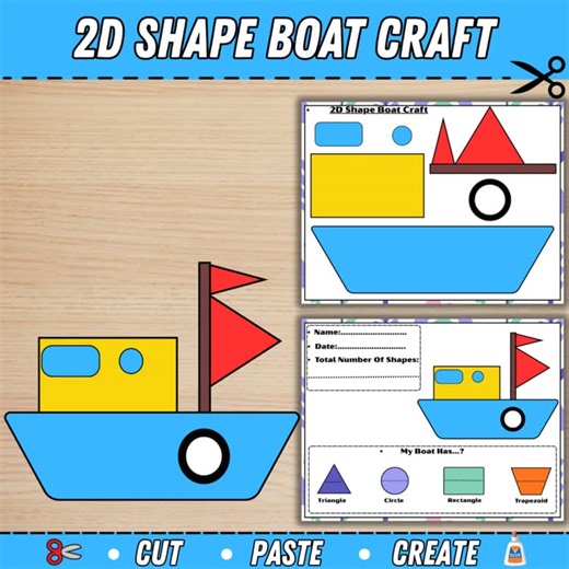2D Shape Boat Craft | Transportation Math Activity | Cut, Paste & Shape Count