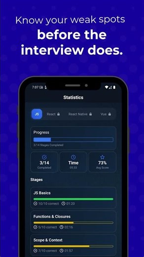 Frontend interview preparation app JS, React, Vue, React Native