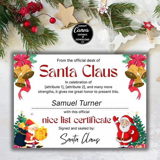 Editable Nice List Certificate Template: Santa Christmas Award & Printable Elf Certificate (digital Download) - Etsy