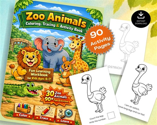 Zoo Animals Coloring, Tracing & Activity Book for Kids Ages 4–7 | Coloring, Tracing , Learning Activity PDF | Homeschool Printable Worksheet