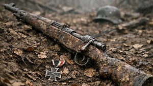 A rifle, a medal, and scattered battlefield traces turned this Eastern Front forest into the record of a wartime withdrawal