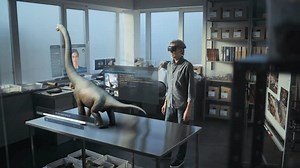 Advanced archaeological lab: 3D graphics of virtual display with AI assistant, animation of ancient dinosaur species. Archaeologist in VR headset conducts scientific research using augmented reality.