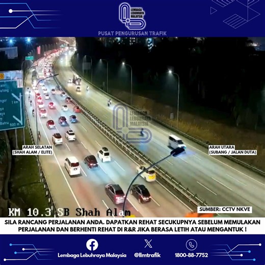 PUSAT PENGURUSAN TRAFIK, dan "HIGHWAY CRISIS CONTROL & COMMAND CENTRE (Hi4C)", LEMBAGA LEBUHRAYA MALAYSIA. KEMAS KINI ALIRAN TRAFIK 🗓Tarikh: 22 Januari 2026 (Khamis). ⏰Masa: 9.16 malam. 🌤️Cuaca: Baik. STATUS TRAFIK DI LEBUH RAYA SELURUH NEGARA.🛣🛣🛣 Trafik secara keseluruhannya bergerak lancar di semua lebuh raya bertol di Lembah Klang dan di lebuh raya utama menghala ke Utara, Selatan dan Timur Semenanjung. Walau bagaimanapun, terdapat dua lokasi trafik bergerak perlahan dan dijangkakan kele