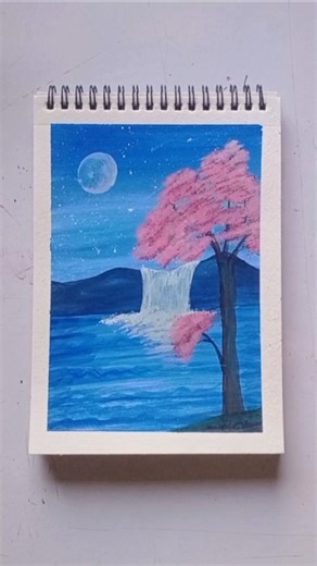 Beautiful Night Scenery Painting 🌙 | Moonlight Waterfall & Pink Tree | Easy Acrylic Painting