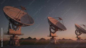 Establishing Shot of a Large Radio Telescope Array in the Desert