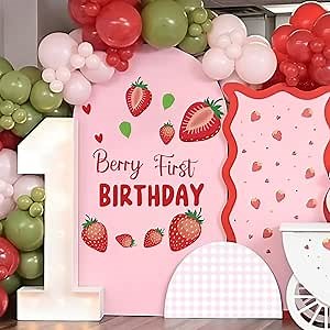 Berry First Birthday Sign for Backdrop, Berry First Birthday Decor - Removable Red Strawberry Arch Sign, Backdrop Decals, Sweet Strawberry 1st Birthday Decorations for Girls (Berry Decal)