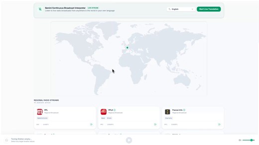 Add near real-time voice translation to your apps with Gemini 3.5 Live Translate via the Gemini Live API. 🎙️Watch how the model handles live broadcast ingestion and translation with continuous speech-to-speech streaming (S2ST) and synced transcripts, letting users tune into global radio broadcasts in their native language.