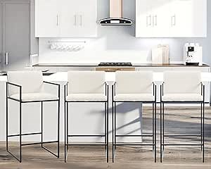 Modern Counter Height Bar Stools Set of 4, 25.5 Inch Linen Upholstered Bar Stools with Back and Armrest, Counter Chairs Barstools for Kitchen Island, with Black Metal Frame, Cream