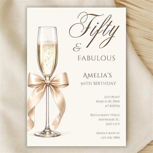 Fifty & Fabulous 50th Birthday Invitation Template, Elegant Champagne Birthday Invite, Editable Digital Milestone Birthday Invitation - Etsy