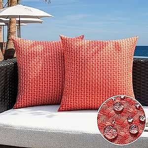 Kevin Textile Valentines Day Outdoor Waterproof Throw Pillow Covers Pack of 2 Weaving Texture Water Resistant Outside Decorative Cushion Covers for Garden Tent Balcony Bench Couch Sofa 18x18 Inch, Red