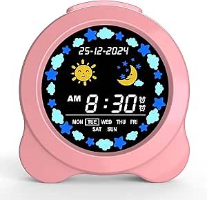 Kids Alarm Clock, Sun & Moon LED Display with Day & Date, Children's Sleep Trainer with Night Light & Sleep Sounds, Cute Wake Up Clock for Kids Bedroom, Easy to Use Birthday Gift for Boy and Girls