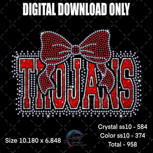 Trojans Rhinestone Bow Design, Bling Trojans Shirt Template, SS10 Digital Download - Etsy