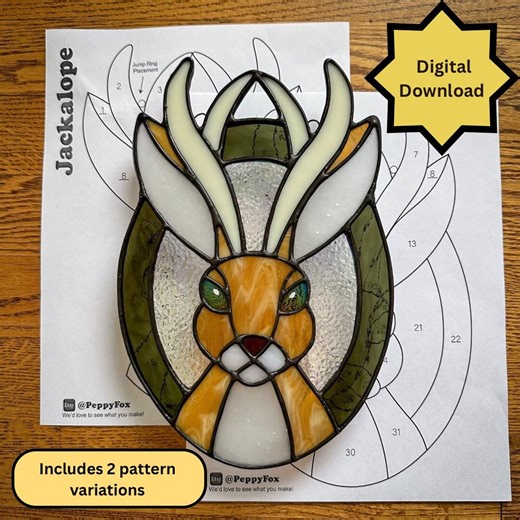 Stained Glass Pattern - DIGITAL FILE (pdf Png) - Jackalope Rabbit Bunny Hare Antlers - Beginner/easy Suncatcher Template - Folklore Crypid - Etsy