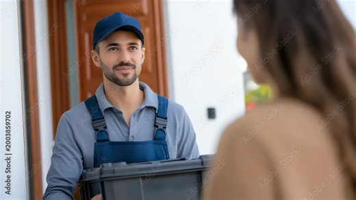 A joyful maintenance worker in a uniform is talking about home maintenance, repair, and service in front of a modern house while holding a toolbox.