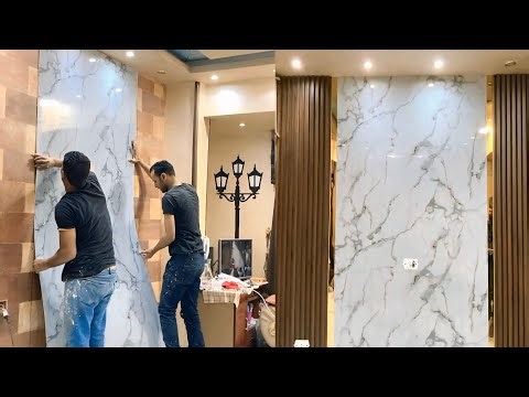 Innovative Way to Install Faux Marble Wall with Faux Wood Panels & Gold Trim