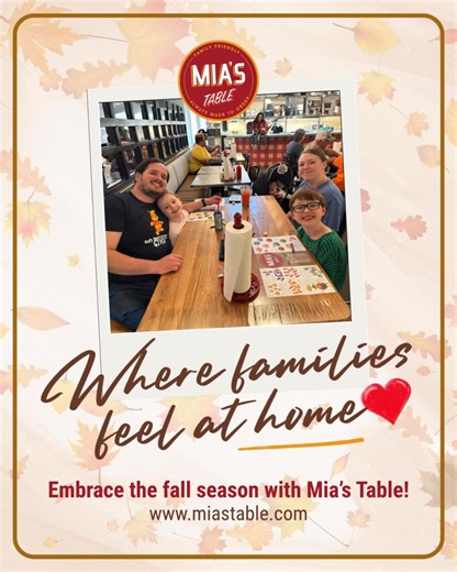 Mia's Table is where families feel at home. ❤️ Embrace the fall season with us for a delicious Southern meal—we're your family-friendly place to be. Dine at your nearest location #MiasTable #FamilyTime #FallFlavors #ComfortFood | Mia's Table