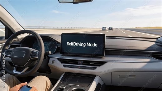 Driver using smartphone while car displays 'SelfDriving Mode' on infotainment screen—autonomous vehicle technology concept on highway