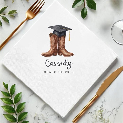 Personalised Cowboy Boots Graduation Napkins, Class of 2026 Napkins, Congrats Graduate Party Decor,  Graduation Party Napkin Supplies