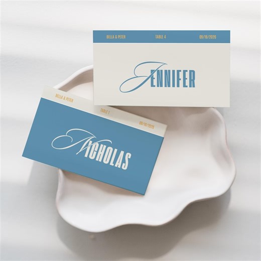 Retro Wedding Flat & Folded Place Card • Canva Template • Vintage, Blue, Beige, Yellow Table Decor - Etsy UK