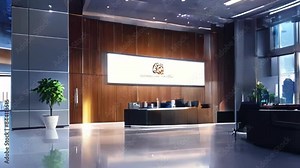 Interior design of a modern minimalist office, reception of a luxury hotel suit, a glass made building with shinny floor and fancy lighting Generative AI