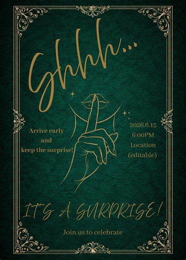 Elegant Surprise Party Invitation – Shhh It’s a Surprise, Emerald Green & Gold Luxury Design, Editable Canva Template - Etsy