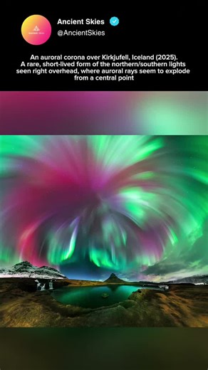 A rare auroral corona lights up the sky above Kirkjufell, Iceland (2025). This short-lived form of the northern or southern lights appears when you’re standing directly beneath an active aurora. From that perspective, glowing auroral rays seem to burst outward from a central point, creating a stunning crown-like effect in the sky. Auroral coronas happen when charged particles from the Sun interact with Earth’s magnetic field and atmosphere, producing one of the most breathtaking natural light sh