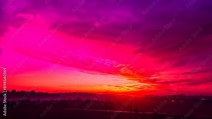 Video footage of vibrant sunset with a spectrum of colors ranging from deep purple to bright pink and vivid orange, blending into each other across the sky