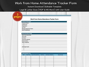 Arbeit von zu Hause aus Anwesenheits-Tracker-Formular bearbeitbare und druckbare Vorlage | Von zu Hause aus Mitarbeiterführung | Personalrichtlinien und Einhaltung - Etsy.de