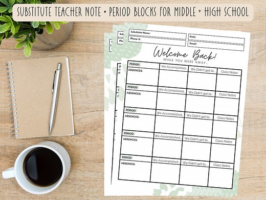 Substitute Teacher Note Printable for Middle School & High School | Sub Notes | Welcome Back Note for Teachers | Substitute Report Worksheet - Etsy
