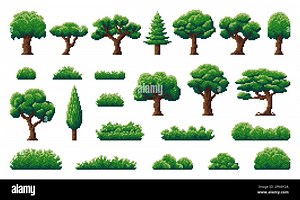 Pixel forest and jungle trees, shrub, grass and herb plants of 8 bit video game nature asset. Pixel art summer trees and bushes with green leaves and Stock Vector Image & Art - Alamy