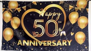 Happy 50th Anniversary Backdrop, Black Gold Golden Anniversary Decorations, 50th Wedding Anniversary Banner for Couple Party Photo Booth Background,Cheers to 50 Years Golden Decor, Vicaty