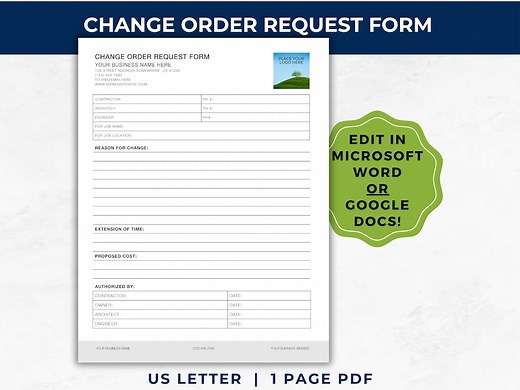Change Order Request Form WORD Template, Contractor, Construction, Builder, Document and Track Change Orders, Project Management, Renovation - Etsy