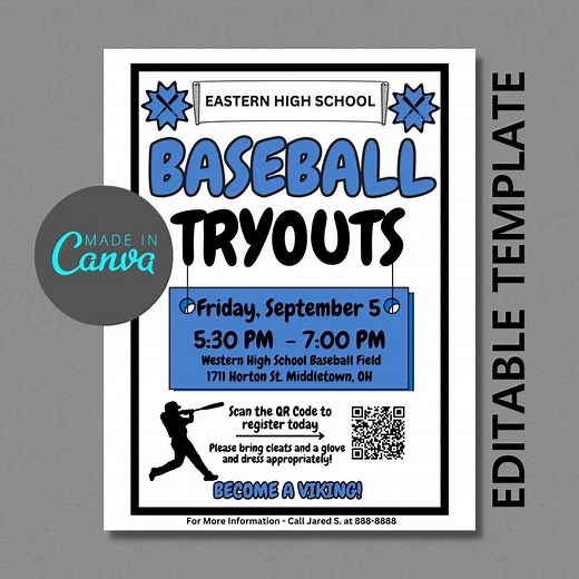 Editable Baseball Tryouts Flyer for Competitive Baseball, Fully Editable Baseball Flyer Template, Editable Canva Flyer, Baseball & Softball - Etsy