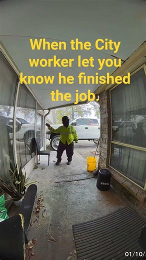 City worker dancing after finishing the job.