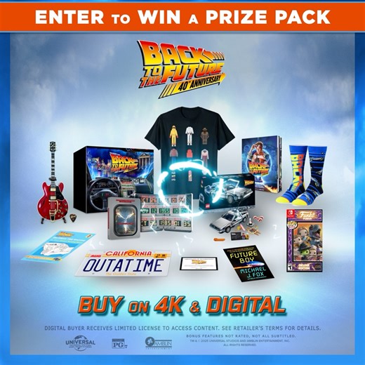 Enter for your chance to win a Back to the Future 40th Anniversary prize-pack! https://uni.pictures/BackToTheFuture40thSweeps [NO PURCHASE NECESSARY. Void where prohibited. Legal residents of the 50 US or DC who are 18 or older. Begins November 3, 2025 at 9:00 A.M. PT and ends December 3, 2025 at 6:00 P.M. PT. Limit (1) entry per person per day, for a total of up to 27 entries per person. To enter, and for Official Rules, odds, and prize details, visit https://uni.pictures/BTTF40thSweepsRules. M