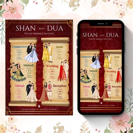 Pakistani Wedding Invitation Template, Nikkah, Mehndi, Haldi Schedule Card, Floral Shaadi Invite, Canva Editable, 5x7 Print & Mobile Evite
