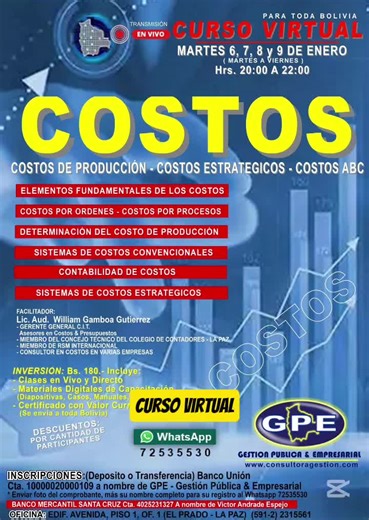 Curso Virtual en Vivo: C O S T O S COSTOS DE PRODUCCIÓN - COSTOS ESTRATEGICOS - COSTOS ABC (Teoría y Práctica) ---------------------- Fecha: MARTES 6, 7, 8 y 9 de enero 2026 - Hrs. 20:00 a 22:00 (4 días) ----------------------- TEMARIO: - ESTUDIO DE LOS ELEMENTOS FUNDAMENTALES DE LOS COSTOS - Control y Contabilización de Materias Primas - Control y Contabilización de la Mano de Obra Directa - Control y Contabilización de los Costos Indirectos de Fabricación - DETERMINACIÓN DEL COSTO DE PRODUCCIÓ