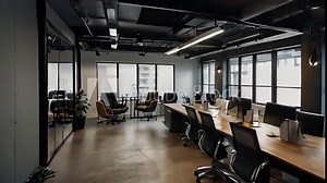 Modern Open-Plan Office Space with Large Windows and Industrial Design Elements