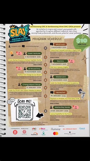 📢 PSA for all youths in Sembawang GRC & Sembawang West SMC! Ready to explore your passions, discover different industries, and build real-world skills that _actually_ matter? The Sembawang Learning and Achievement for Youths (SLAY) Program is your chance to: ✅ Visit top companies like Marina Bay Sands, Changi Airport Group, Mastercard, Quest Ventures, All Would Envy, and Illumina ✅ Gain industry insights & exposure ✅ Build social skills through community sharing with e2i and MoneyOwl ✅ Get futu