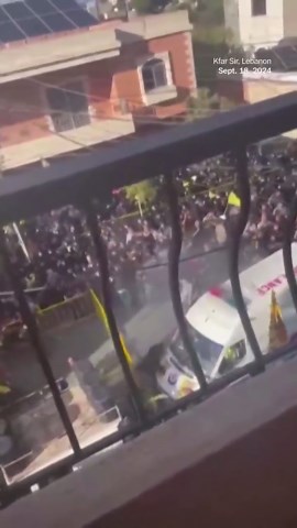 Video shows moment of explosion at funeral in Lebanon