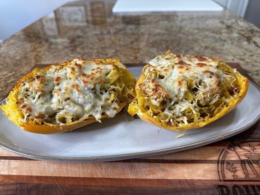 Spaghetti Squash with Chicken and Pesto: Hey guys! Part 3 of my healthy cooking series utilizes one of my favorite vegetables, the spaghetti squash. Chicken breast packs plenty of lean protein and the flavors of the pesto keep it fun and interesting. Grab the recipe: https://boudreauxsbackyard.com/recipes-1/f/spaghetti-squash-with-chicken-and-pesto | Boudreaux’s Backyard