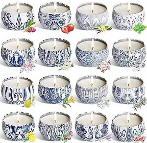 Set of 16 Small Scented Candles Gifts,Blue and White Aroma Naturals Candles,2.5 OZ Soy Wax Travel Tin Jar Candles,Appropriate Gifts for Mom,Christmas, Birthday, Thanksgiving,Christmas Celebrations.
