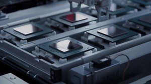 Computer Processor Production Process. Advanced Computer Chips on Tray on Automated Conveyor at Electronics Factory. Microchip Manufacturing Facility.